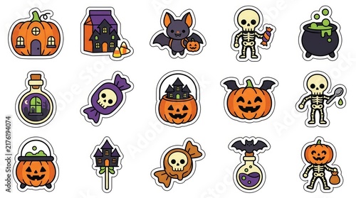 Set of halloween labels and frames with spooky elements like ghosts, bats, pumpkins, witches, and spiders . Cute Halloween Mix Elements Sticker Set, sticker set, different cute halloween