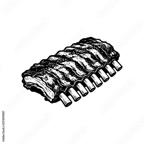 American BBQ ribs vector featuring a classic smoked rack of ribs, perfect for barbecue, grill, Southern food, steakhouse and restaurant designs.