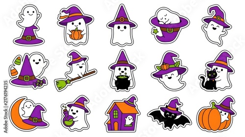 Set of halloween labels and frames with spooky elements like ghosts, bats, pumpkins, witches, and spiders . Cute Halloween Mix Elements Sticker Set, sticker set, different cute halloween