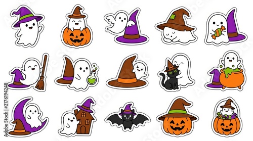 Set of halloween labels and frames with spooky elements like ghosts, bats, pumpkins, witches, and spiders . Cute Halloween Mix Elements Sticker Set, sticker set, different cute halloween