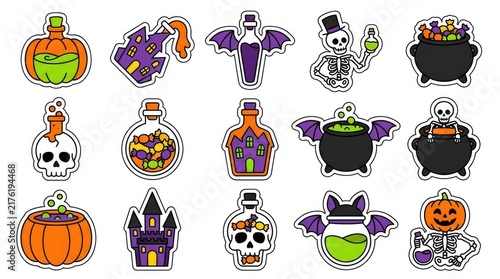 Set of halloween labels and frames with spooky elements like ghosts, bats, pumpkins, witches, and spiders . Cute Halloween Mix Elements Sticker Set, sticker set, different cute halloween