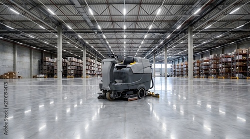 Riding floor scrubber machine cleaning large empty warehouse industrial space with high ceiling.