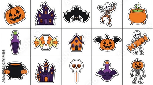 Set of halloween labels and frames with spooky elements like ghosts, bats, pumpkins, witches, and spiders . Cute Halloween Mix Elements Sticker Set, sticker set, different cute halloween