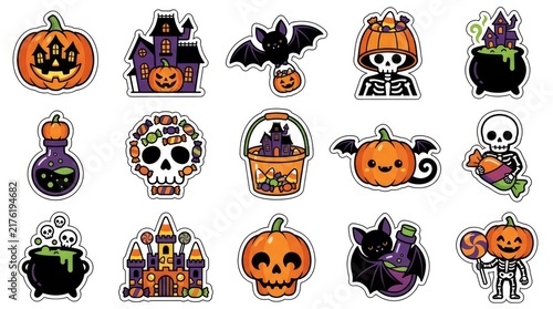 Set of halloween labels and frames with spooky elements like ghosts, bats, pumpkins, witches, and spiders . Cute Halloween Mix Elements Sticker Set, sticker set, different cute halloween