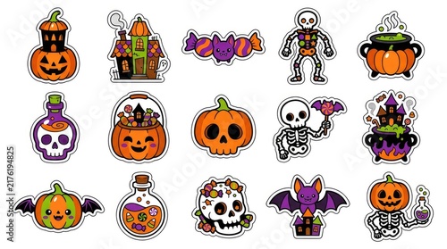 Set of halloween labels and frames with spooky elements like ghosts, bats, pumpkins, witches, and spiders . Cute Halloween Mix Elements Sticker Set, sticker set, different cute halloween