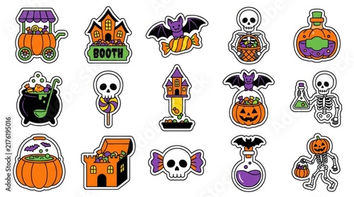 Set of halloween labels and frames with spooky elements like ghosts, bats, pumpkins, witches, and spiders . Cute Halloween Mix Elements Sticker Set, sticker set, different cute halloween