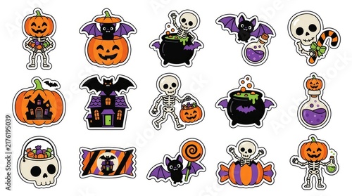 Set of halloween labels and frames with spooky elements like ghosts, bats, pumpkins, witches, and spiders . Cute Halloween Mix Elements Sticker Set, sticker set, different cute halloween