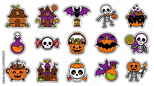 Set of halloween labels and frames with spooky elements like ghosts, bats, pumpkins, witches, and spiders . Cute Halloween Mix Elements Sticker Set, sticker set, different cute halloween