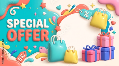 Colorful shopping bags and gift boxes for special offer promotion