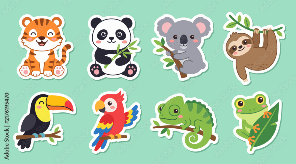 Naklejka premium Colorful vector animal stickers featuring cute jungle creatures designed for children in a flat graphic style