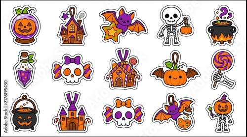 Set of halloween labels and frames with spooky elements like ghosts, bats, pumpkins, witches, and spiders . Cute Halloween Mix Elements Sticker Set, sticker set, different cute halloween