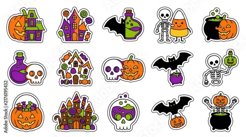 Set of halloween labels and frames with spooky elements like ghosts, bats, pumpkins, witches, and spiders . Cute Halloween Mix Elements Sticker Set, sticker set, different cute halloween