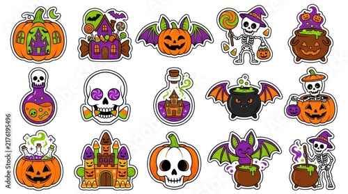 Set of halloween labels and frames with spooky elements like ghosts, bats, pumpkins, witches, and spiders . Cute Halloween Mix Elements Sticker Set, sticker set, different cute halloween