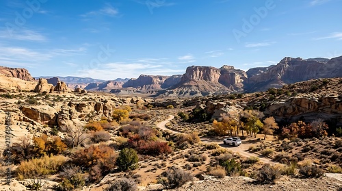 Fotografie Autumn desert landscape with rugged rock formations and a lone vehicle
