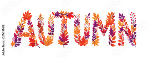 Autumn word formed by colorful leaves and branches in warm seasonal colors