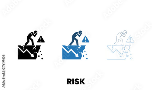 Risk crisis icon set with stressed stick figure on crumbling cliff with downward arrow.