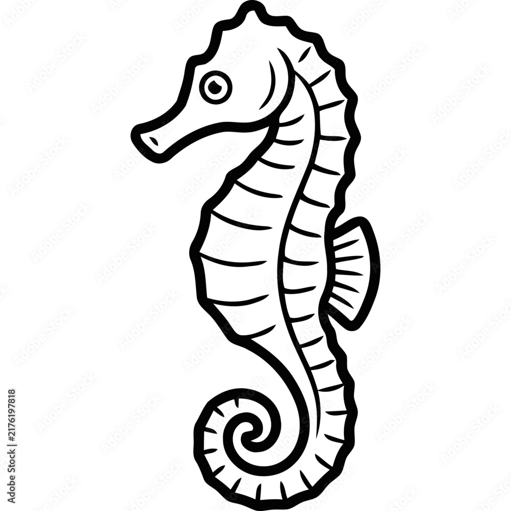Fototapeta premium Seahorse outline illustration. Simple black and white line art of a marine animal.