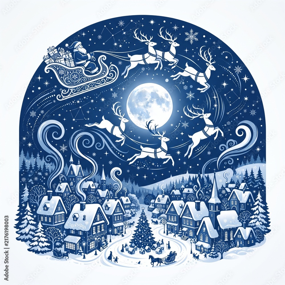 Fototapeta premium Santa Sleigh Flying Through a Crescent Moon Night