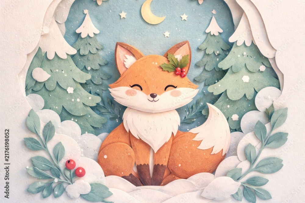 Fototapeta premium Charming fox amidst snowy forest.