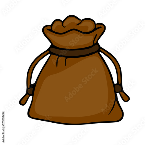Cartoon vector illustration of a brown fabric pouch filled with gold coins or treasure