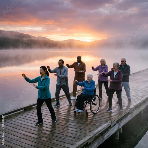 Diverse seniors and adults practice tai chi on a pier at sunrise