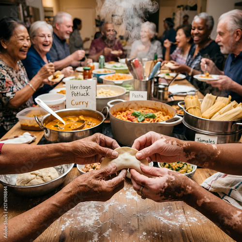 Diverse seniors enjoy a community potluck feast with homemade food and conversation
