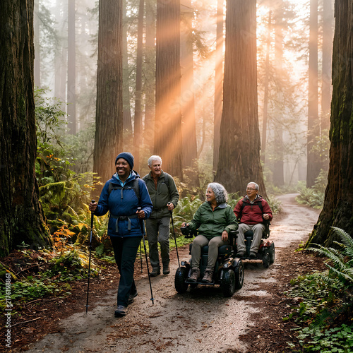 Diverse seniors enjoy a scenic forest hike including wheelchair users with sunbeams