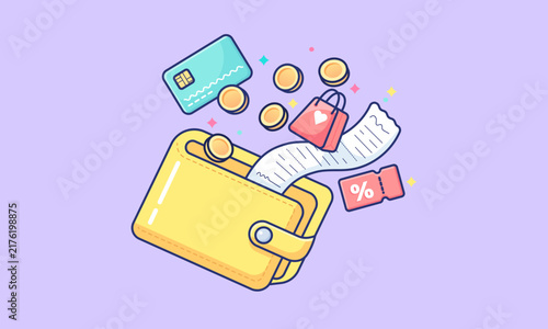 cute wallet shopping discount coins credit card vector sticker