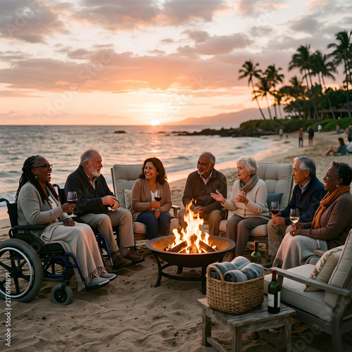 Diverse seniors enjoy beach bonfire at sunset sharing stories and wine
