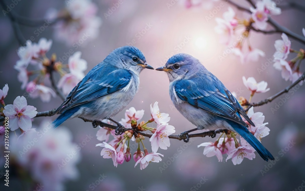 Fototapeta premium Two small blue birds perched on a delicate branch covered in soft pink cherry blossoms, creating a romantic and peaceful scene in the spring season with a blurred, dreamy background effect