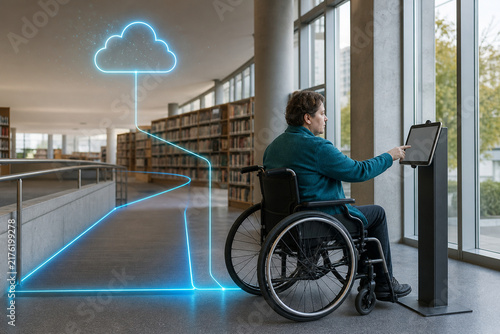 Wheelchair user accesses a library digital kiosk