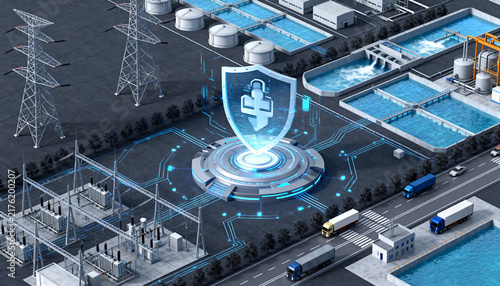 Digital cybersecurity shield protecting a vital industrial water treatment plant and high voltage electrical power infrastructure