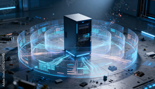 Modern server rack enclosure surrounded by glowing holographic data streams in a dark futuristic computer laboratory