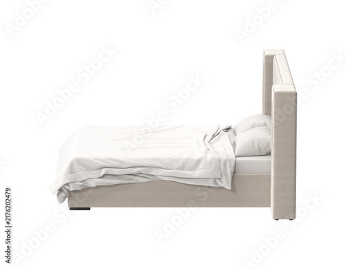 Fotografie Modern upholstered bed with clean white bedding and pillows, isolated on white