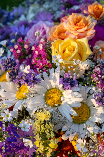 Wildflower Bouquet Close Up Highlighting White Daisies Flowers In Glass Vase
