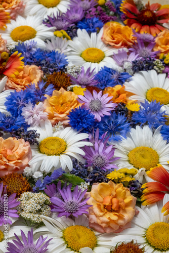 Vertical Full Frame Flower Background With Roses Daisies And Cornflowers