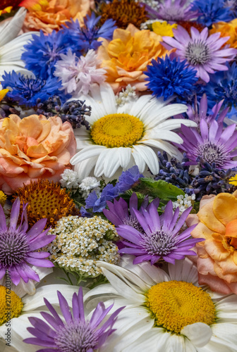 Close Crop Of Floral Flat Lay Background Showing Rose And Daisy Detail
