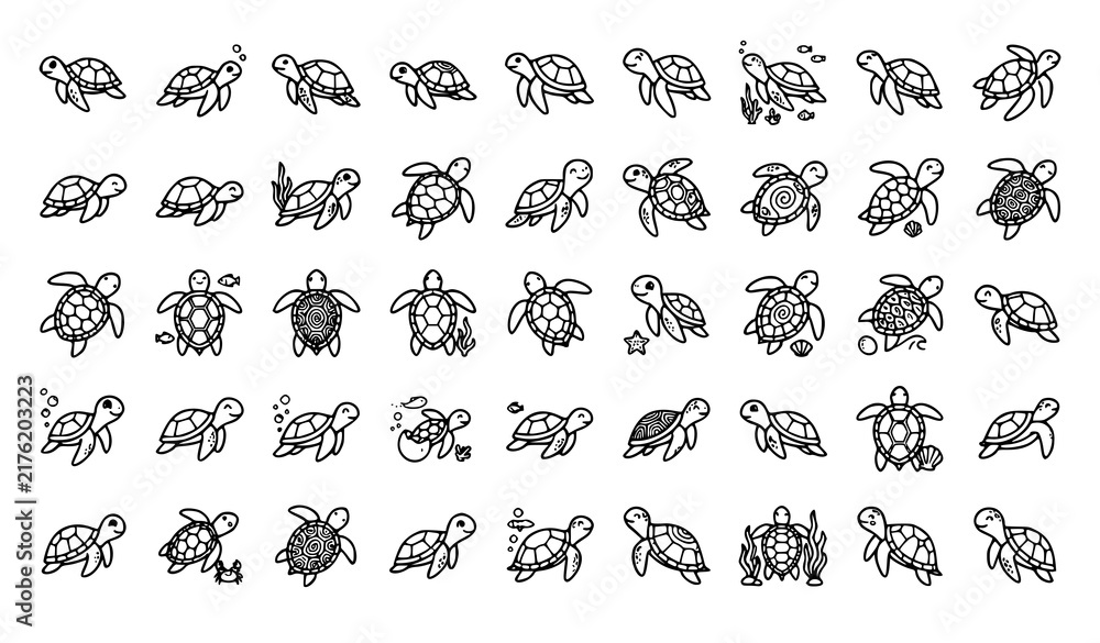 Fototapeta premium Premium cute sea turtle marine wildlife editable outline vector icon collection