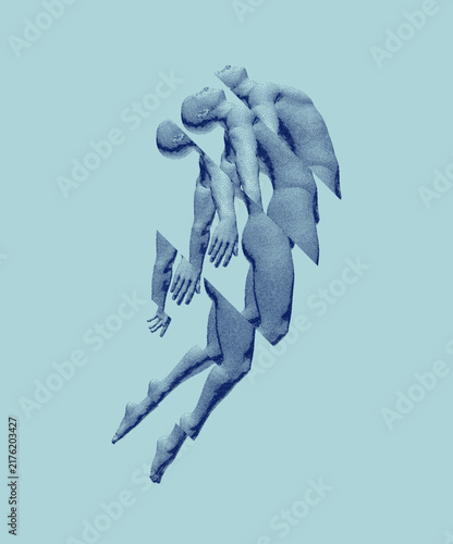 Astral travel out of body or reincarnation spiritual concept. Take me higher. Flying man in zero gravity or a fall. Hovering in the air. Levitation act. Reflection and splitting. Vector illustration.