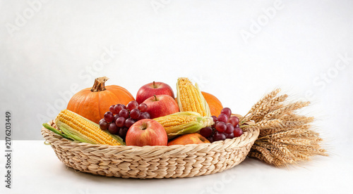 Autumn harvest basket with pumpkins corn apples and grapes on white background