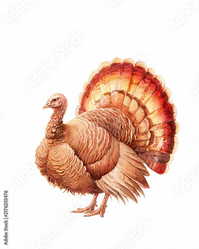 Watercolor style turkey illustration with fanned tail feathers on white background
