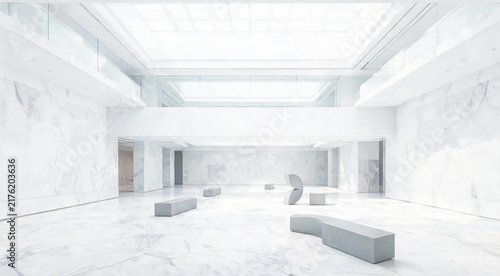Bright modern museum atrium with white marble floors and skylight