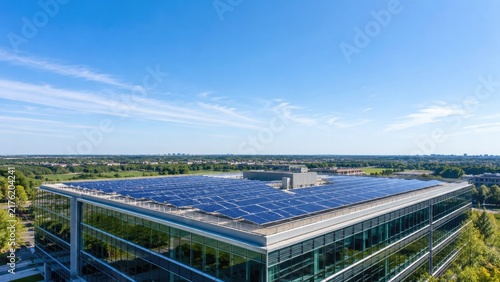 Modern Office Building With Rooftop Solar Panels