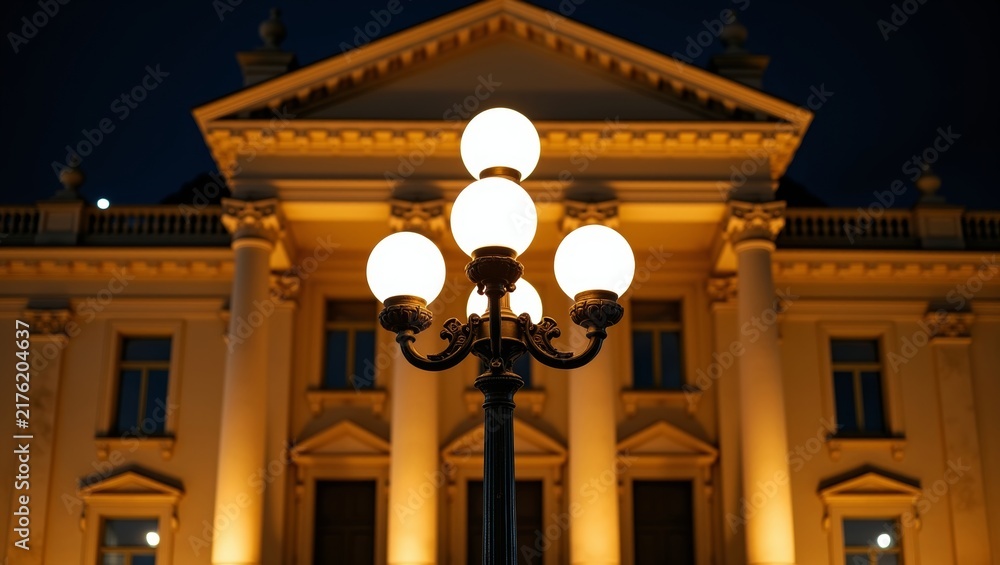 Naklejka premium Ornate streetlamp illuminating a classical building facade with columns and portico at night