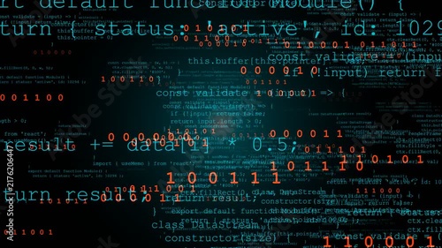 Binary code digital data stream with programming scripts and numbers flickering for cybersecurity