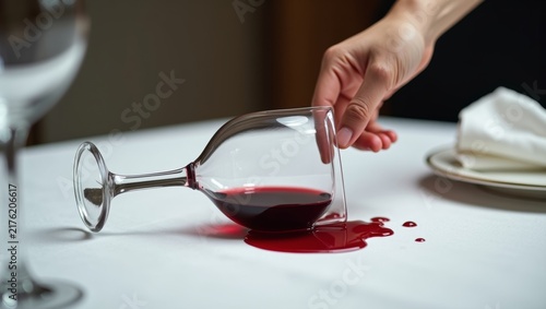 Hand picking up spilled red wine glass on white tablecloth, showing an accident and mess at a restaurant table