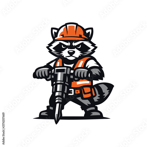 Tough Raccoon Construction Worker Mascot in Industrial Vector Style