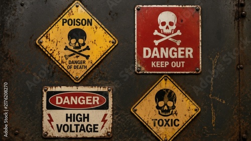 Four retro warning signs mounted on a dark metal wall featuring skull imagery with poison danger keep out high voltage and toxic hazard warnings, underscoring the vintage