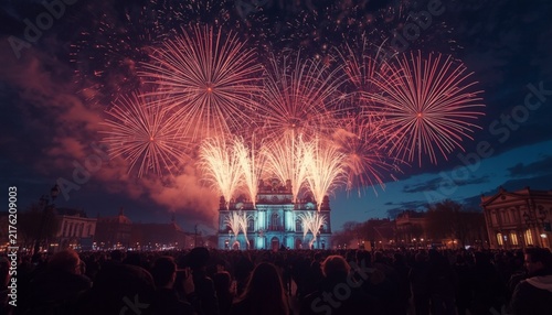 A breathtaking fireworks celebration above a crowded city square at night, thousands of colorful fireworks bursting overhead