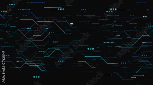 Digital HUD interface data lines flickering with futuristic circuit paths and glowing tech nodes on black background for sci-fi overlay